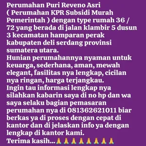 Penjualan Perumahan Puri Reveno Asri Medan Type 36 / 72